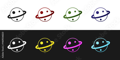Set Planet Saturn with planetary ring system icon isolated on black and white background. Vector