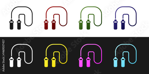Set Jump rope icon isolated on black and white background. Skipping rope. Sport equipment. Vector