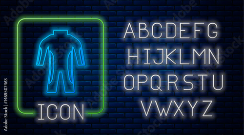 Glowing neon Wetsuit for scuba diving icon isolated on brick wall background. Diving underwater equipment. Neon light alphabet. Vector