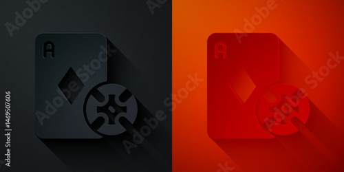 Paper cut Casino chip and playing cards icon isolated on black and red background. Casino poker. Paper art style. Vector