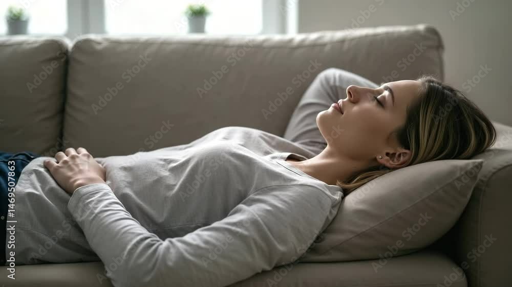 Woman sleeping peacefully on a sofa with gentle breathing, soft shadows, and ambient lighting Woman sleeping peacefully on a sofa with gentle breathing, soft shadows, and ambient lighting