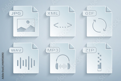 Set MP3 file document, GIF, WAV, ZIP, XML and JPG icon. Vector