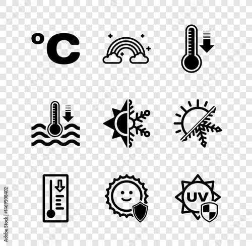 Set Celsius, Rainbow with clouds, Meteorology thermometer, UV protection, Water and Sun and snowflake icon. Vector