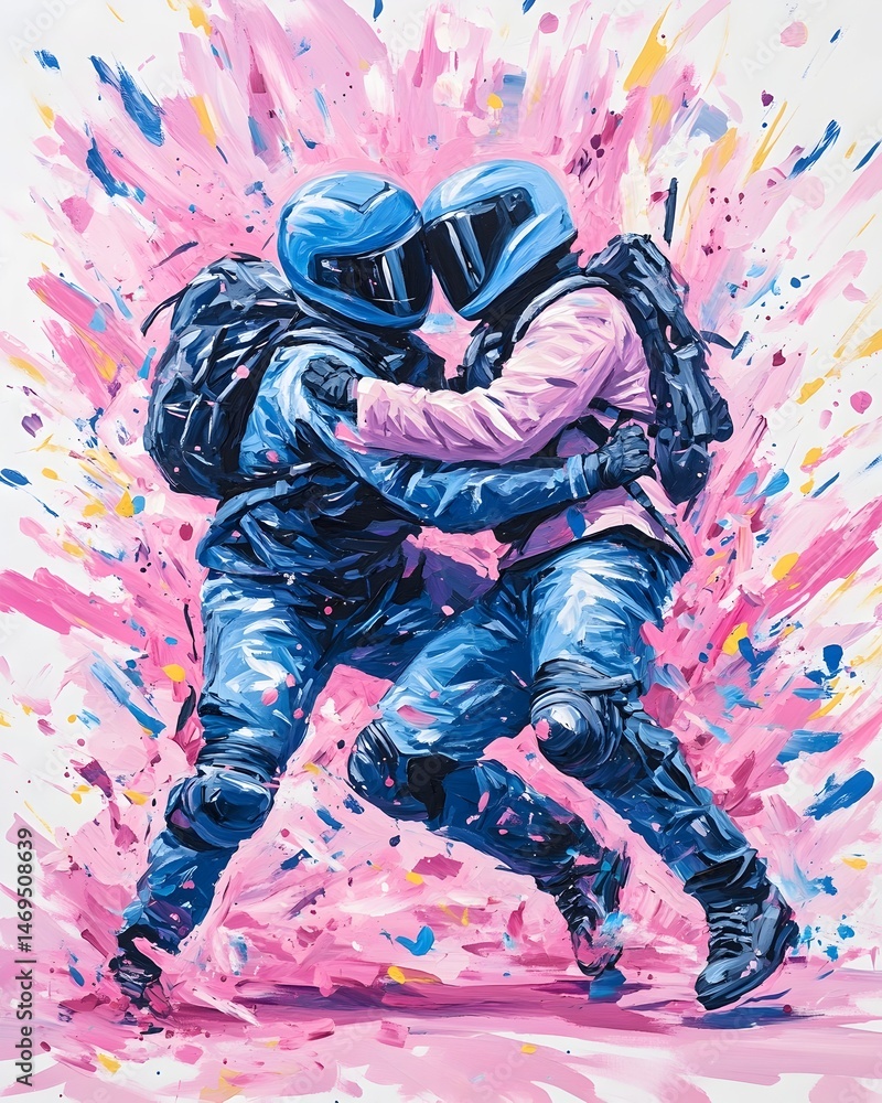 Two figures in blue helmets and protective gear embrace in a burst of pink and yellow paint Two figures in blue helmets and protective gear embrace in a burst of pink and yellow paint