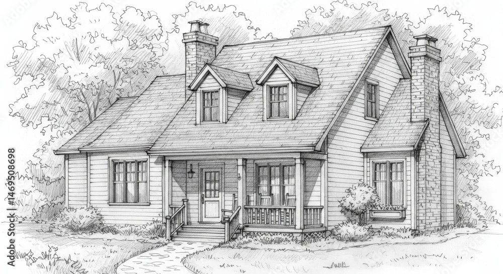 Fototapeta premium Charming Cottage House Plan Design - Architectural sketch of a quaint cottage home, showcasing a front porch and dormer windows. Ideal for real estate, home design, and architectural websites