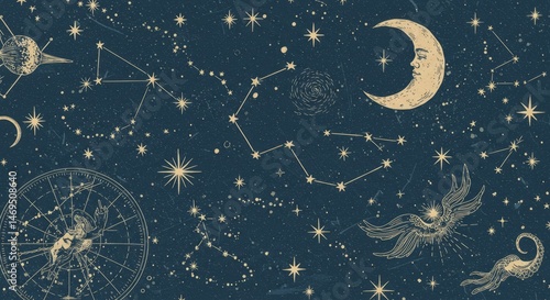 Celestial Sketches: Starry Night Constellations - Mystical celestial art, symbolizing dreams, destiny, exploration, wonder, and cosmic mysteries. Elegant sketched constellations and moon