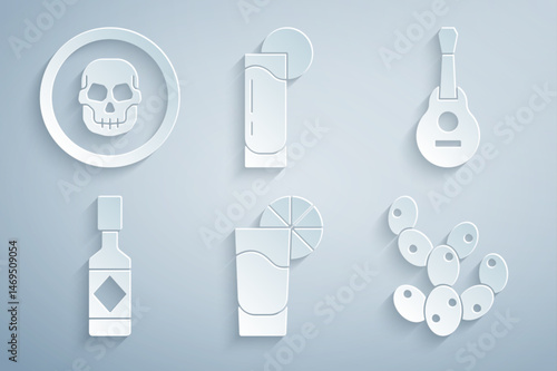 Set Tequila glass with lemon, Mexican guitar, Tabasco sauce, Cactus, and skull coin icon. Vector