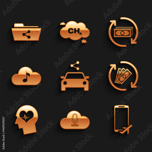 Set Car sharing, Music streaming service, Flight mode the mobile, Refund money, Head with heartbeat and icon. Vector