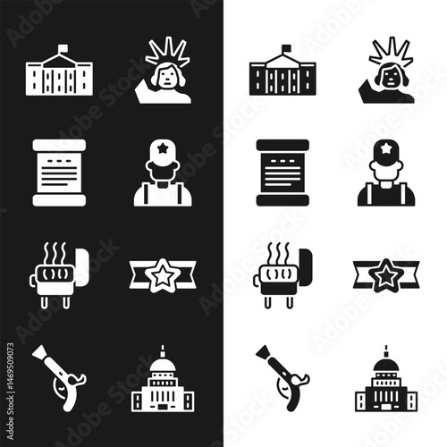 Set Sheriff cowboy, Declaration of independence, United States Capitol Congress, Statue Liberty, Barbecue grill, Star American military, White House and Vintage pistols icon. Vector