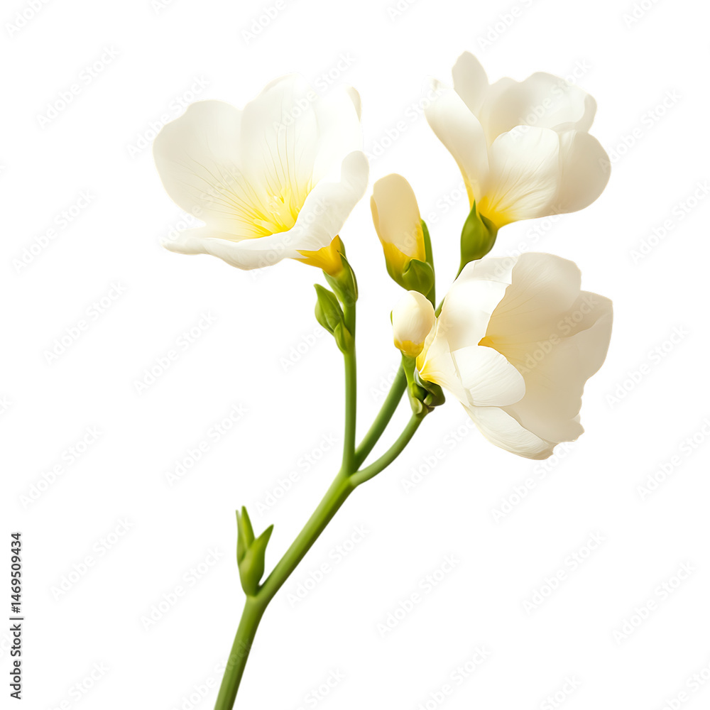 Naklejka premium Elegant White Freesia Flowers on Stem on Transparent Background