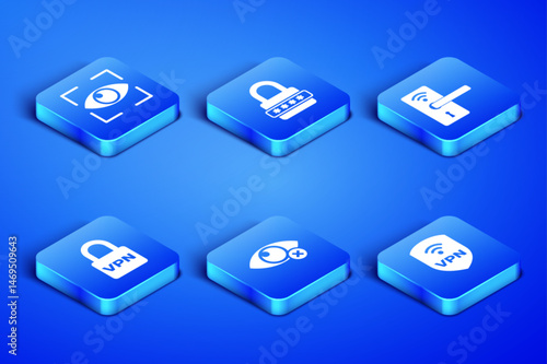 Set Shield with VPN wireless, Eye scan, Invisible or hide, Lock, Password protection and Digital door lock icon. Vector