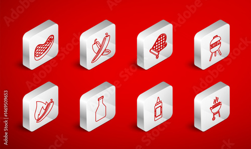 Set line Barbecue grilled shish kebab, Crossed hot chili pepper pod, Oven glove, Mustard bottle, Steak meat, Ketchup and Hot icon. Vector