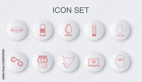 Set line Head with 18 plus, Sexy fluffy handcuffs, Anal plug, Laptop content, Leather fetish collar, Condom safe sex, shop building and Devil heart horns icon. Vector