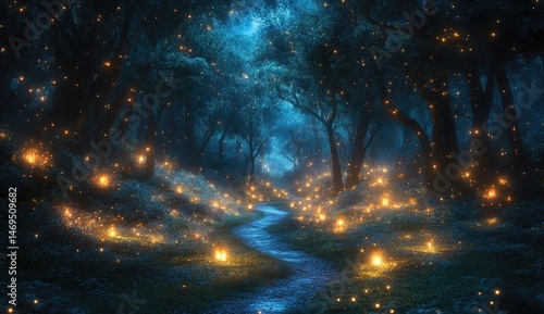 Enchanting nocturnal forest path illuminated by glowing lights