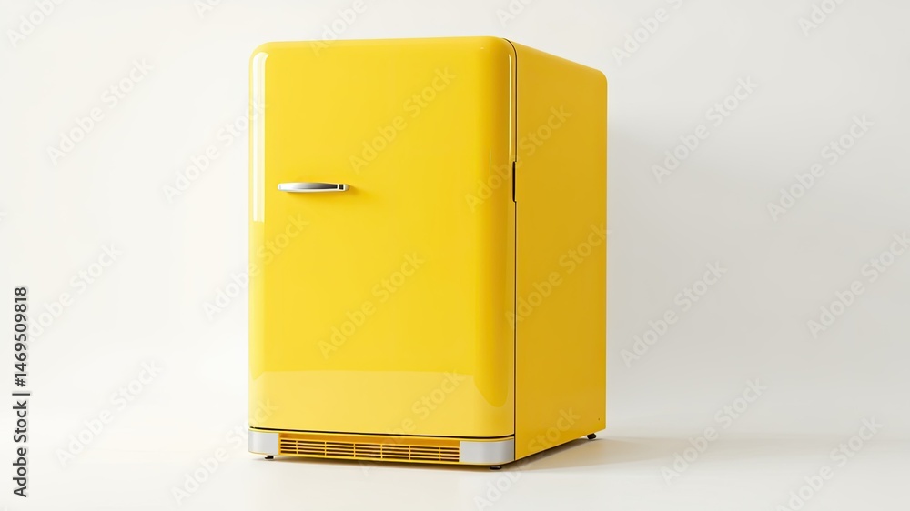 Retro Yellow Refrigerator on White Background