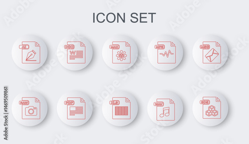 Set line 3DS file document, RAW, MAX, WAV, AI, DOC, PDF and XLS icon. Vector
