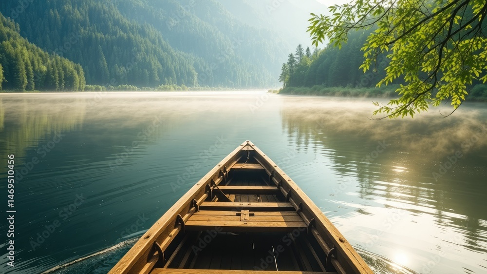 Naklejka premium Tranquil Lake Journey, Lush Forest Embrace