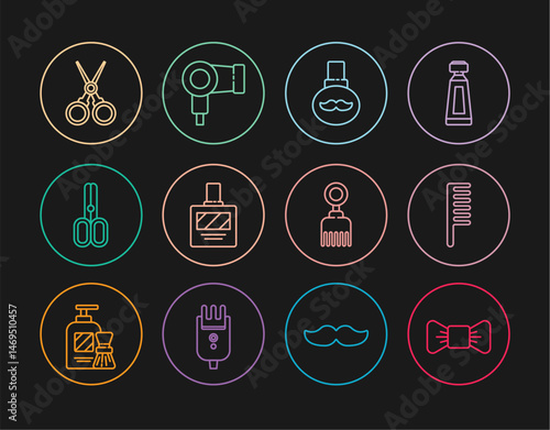 Set line Bow tie, Hairbrush, Beard and mustaches care oil bottle, Aftershave, Scissors hairdresser, and dryer icon. Vector