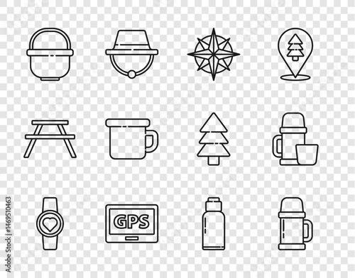 Set line Smart watch showing heart beat rate, Thermos container, Wind rose, Gps device with map, Camping pot, metal mug, Canteen water bottle and and cup icon. Vector