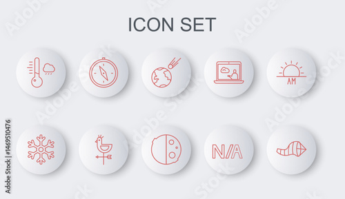 Set line Cone meteorology windsock wind vane, Snowflake, Comet falling down fast, Not applicable, Meteorology thermometer, Compass, Rooster weather and Eclipse of sun icon. Vector