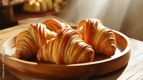 Fresh Croissants on Wooden Tray in Warm Light Still Life