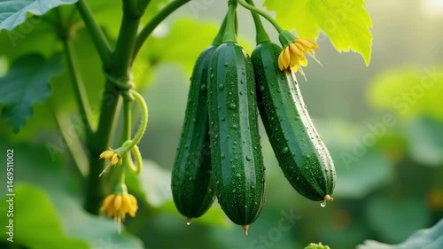 Fresh cucumbers grow on thriving green vines in a sunny garden