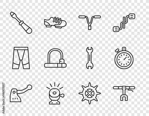 Set line Bicycle brake, handlebar, bell, Screwdriver, lock, sprocket crank and Stopwatch icon. Vector