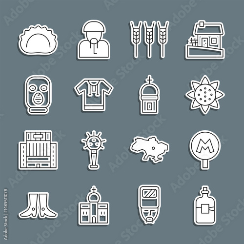 Set line Bottle of vodka, Metro or Underground, Sunflower, Wheat, Embroidered shirt, Thief mask, Dumplings and Church tower icon. Vector