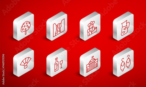 Set line Earrings, Algar waterfall, Bullfight, matador, Sangria, Prado museum, Orange tree, Wine bottle with glass and Fan flamenco icon. Vector