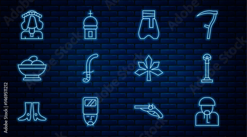 Set line Ukrainian cossack, Monument of Independence, Cossack pants, Medieval sword, Varenyky bowl, woman, Chestnut leaf and Church tower icon. Vector