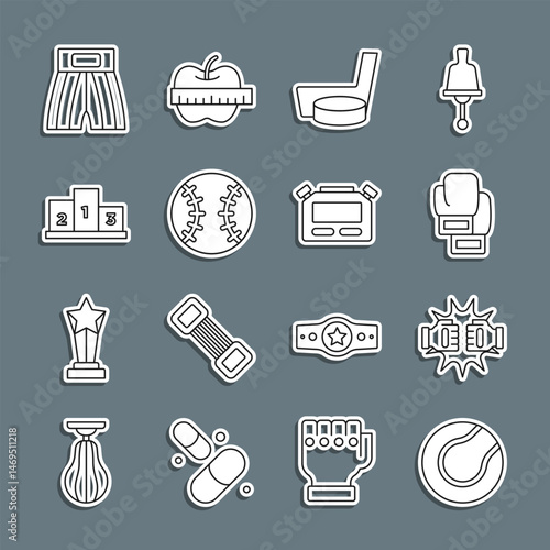 Set line Tennis ball, Punch in boxing gloves, Boxing, Ice hockey stick and puck, Baseball, Award over sports winner podium, short and Stopwatch icon. Vector