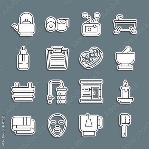 Set line Sauna brush, Aroma candle, Mortar pestle, Bar of soap, Bathroom scales, Essential oil bottle, Kettle with handle and sponge icon. Vector