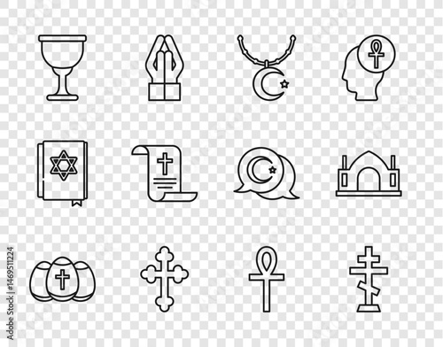 Set line Easter egg, Christian cross, Star and crescent on chain, Holy grail or chalice, Decree, paper, parchment, scroll, Cross ankh and Hindu spiritual temple icon. Vector
