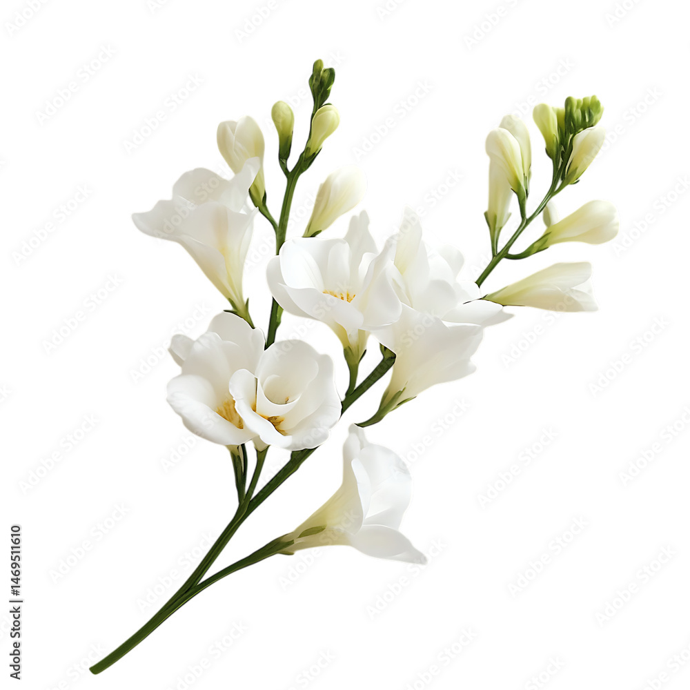 Elegant White Freesia Flower Branch on Transparent Background Elegant White Freesia Flower Branch on Transparent Background