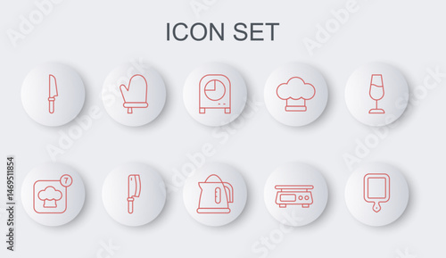 Set line Cutting board, Chef hat, Kitchen timer, Electronic scales, Knife, Oven glove, Meat chopper and Electric kettle icon. Vector