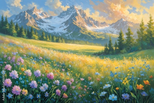 Watercolor. Vibrant field of wildflowers, breeze, lush greens, colorful blooms, majestic snow-capped mountain in the background, tranquility, impressionist style, nature's essence in a panoramic view