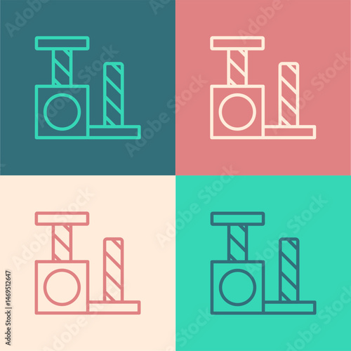 Pop art line Cat scratching post with toy icon isolated on color background. Vector