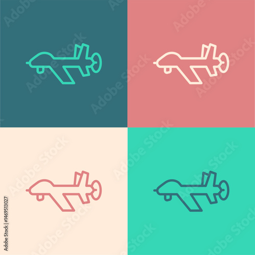 Pop art line UAV Drone icon isolated on color background. Military Unmanned aircraft spy. Vector