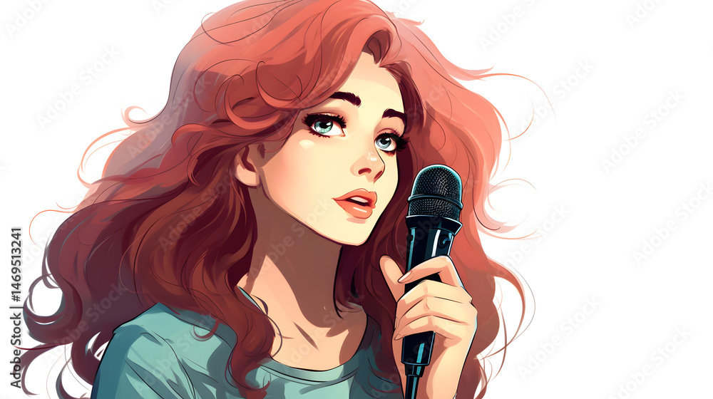 Professional cartoon illustration of a girl thinking about a microphone and expressing creativity Professional cartoon illustration of a girl thinking about a microphone and expressing creativity