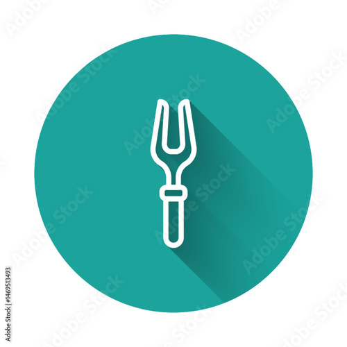 White line Barbecue fork icon isolated with long shadow background. BBQ fork sign. Barbecue and grill tool. Green circle button. Vector