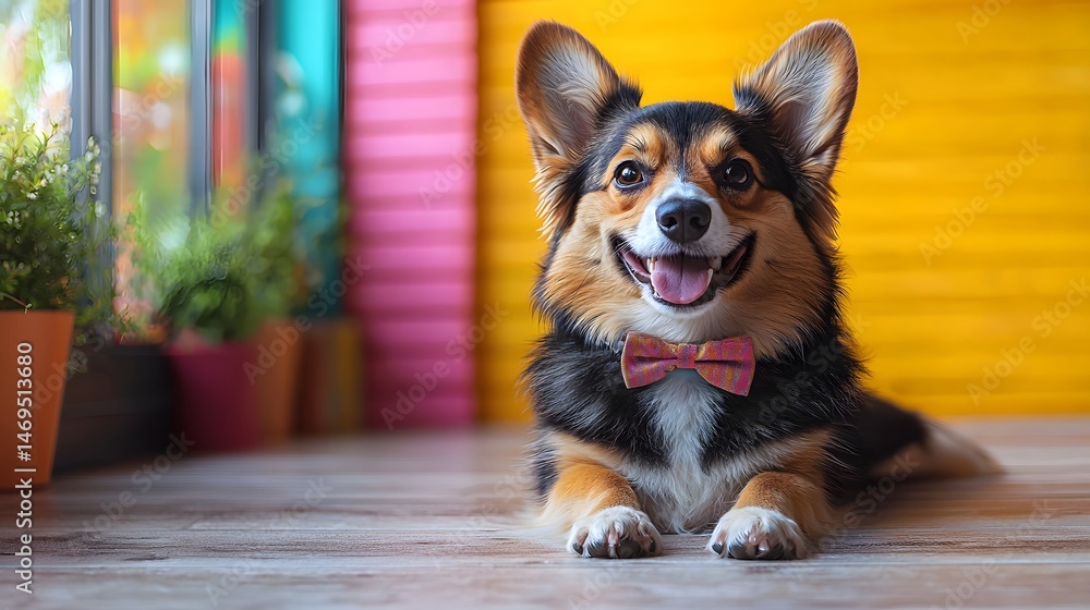 A joyful dog with a big smile wearing a bow tie
