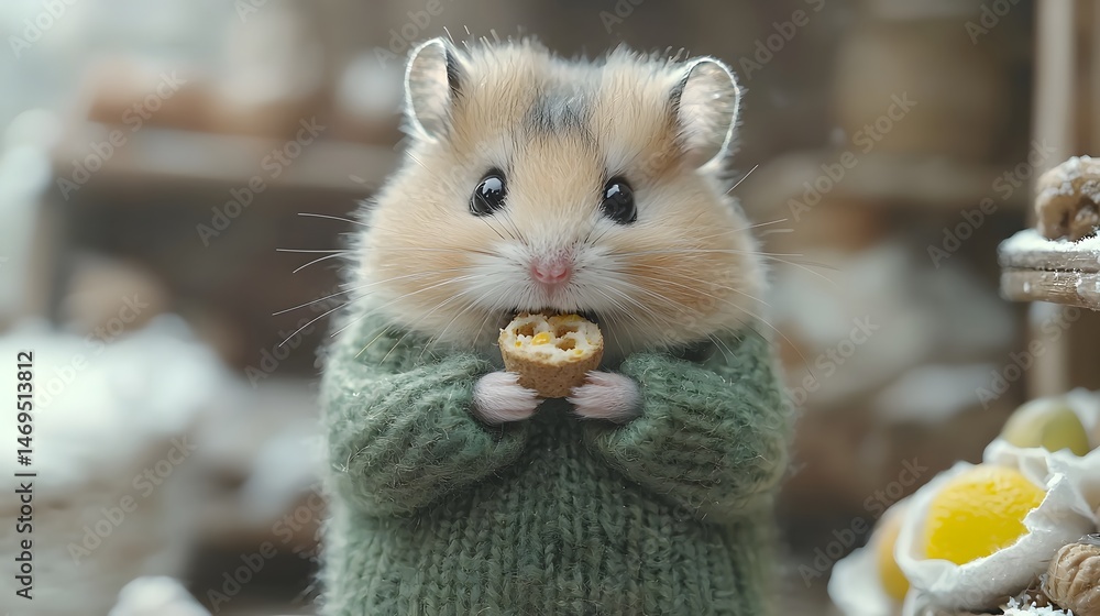 A hamster holding a tiny piece of food sitting on a miniature chair