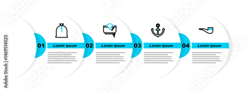 Set line Smoking pipe, Anchor, Pirate hat and sack icon. Vector
