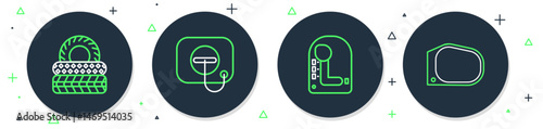 Set line Oil filler cap at gas station, Gear shifter, Car tire and mirror icon. Vector