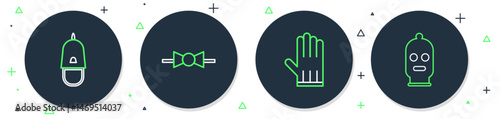 Set line Bow tie, Leather glove, Police cap with cockade and Balaclava icon. Vector