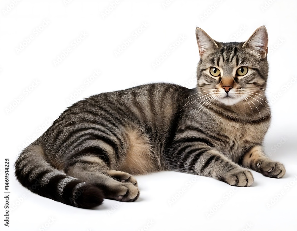 a gray fluffy tabby cat lies isolated on a white background at full height, paws, tail, ears a gray fluffy tabby cat lies isolated on a white background at full height, paws, tail, ears