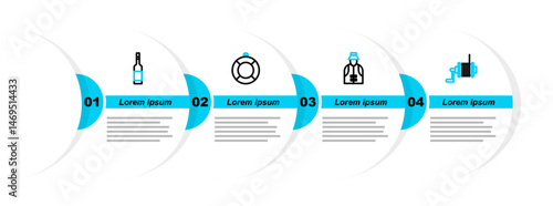 Set line Spinning reel for fishing, Fisherman, Lifebuoy and Bottle of vodka icon. Vector