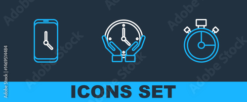 Set line Stopwatch, Alarm clock app mobile and Clock icon. Vector