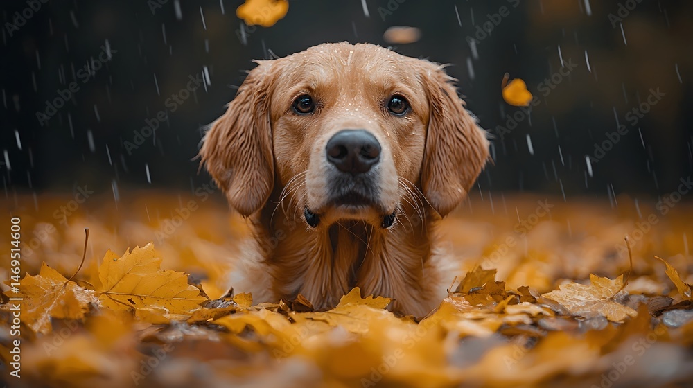 A golden retriever surrounded by autumn leaves in a park