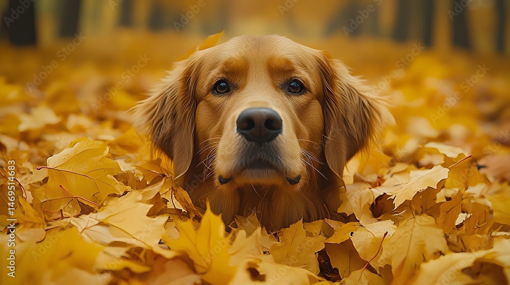 A golden retriever surrounded by vibrant autumn leaves